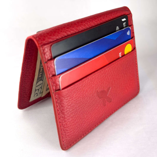 Genuine Leather Slim Cardholder Wallet - Minimalist Red Design for Cards & Cash