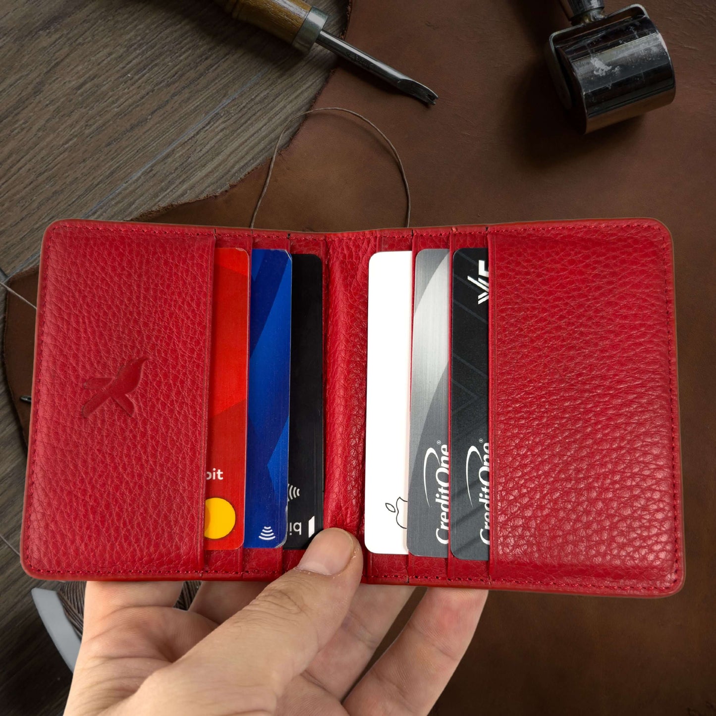 Genuine Leather Slim Cardholder Wallet - Minimalist Red Design for Cards & Cash